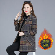 RGPX25新款秋冬毛呢大衣中老年媽媽裝洋氣寬松加厚中長(cháng)款西裝格子外套 藏青色（加棉冬季） 3XL （建議125-140斤）
