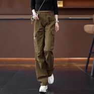 定原美式工裝褲女2025新款秋季高腰寬松顯瘦直筒闊腿休閑運(yùn)動(dòng)長褲子潮 9268綠咖色 S /26【85-95斤】