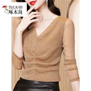 啄木鳥(niǎo)（TUCANO）品牌交叉V領(lǐng)上衣女2025新款秋裝今年蕾絲小衫網(wǎng)紗長(cháng)袖修身t恤打底 2366卡其色【褶皺款】 XL建議115-125斤