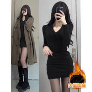 蓉月閣黑色v領(lǐng)針織包臀裙女秋冬大衣內搭連衣裙加絨緊身打底套裝短 黑色加絨 v領(lǐng)包臀裙 XL