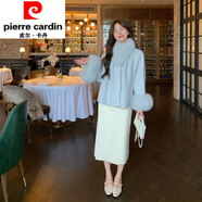 皮爾卡丹（pierre cardin）斗篷羊毛呢子短外套2025秋冬狐貍毛領(lǐng)雙面羊絨大衣女時(shí)尚氣質(zhì) 北卡藍(lán)(含毛領(lǐng)) S