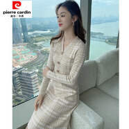 初徑中長款毛衣裙2025年新款秋冬季格紋針織連衣裙女內(nèi)搭法式打底裙子 卡其色 S 專柜品質(zhì)