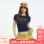 KAMA卡瑪設計感撞色印花圓領(lǐng)短袖T恤2025新款夏季女彈力短款上衣 深藍 M
