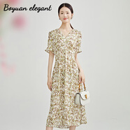 柏媛雅致綠咖色高級感碎花連衣裙女2026氣質(zhì)復古撞色印花荷葉袖雪紡長(cháng)裙子 綠咖色 S