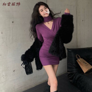 美安嘉風(fēng)半高領(lǐng)加絨連衣裙女裝冬季短裙交叉褶皺顯瘦包臀裙 紫色 S