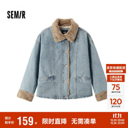 森馬（Semir）牛仔棉服女拼接毛領美式復古2024冬寬松毛邊夾克街頭109724108017