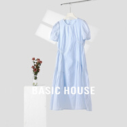Basic House/百家好法式不規則波點(diǎn)短袖連衣裙女浪漫藍色中長(cháng)裙子 藍色 S （85-105斤）