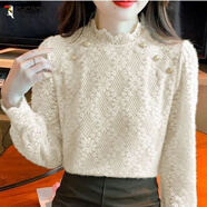 啄木鳥(niǎo)半高領(lǐng)植絨磨毛蕾絲襯衫女2025秋冬新款加絨加厚洋氣內搭打底衫女 1023-杏色-袖子鏤空 薄款 2XL 建議130-139斤