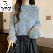 啄木鳥(niǎo)2025秋冬季新款羊毛衫女水毛衣軟糯風(fēng)海馬毛白色溫柔短款針織衫 藍色 均碼