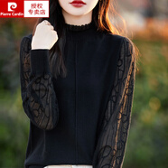 皮爾卡丹（pierre cardin）2024款秋冬薄款精紡100%羊毛衫半高領(lǐng)針織衫歐根紗打底衫鏤空 黑色 S