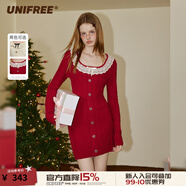 UNIFREE【秋裝新品】長(cháng)袖針織連衣裙娃娃領(lǐng)復古純欲收腰包臀裙子 紅色 L