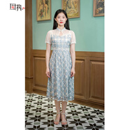 固執(zhí)（OBSTINATE）【特價】夏季新款中式蕾絲格子印花短袖中長連衣裙31912LQ067 綠藍格子 M