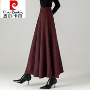 皮爾卡丹（pierre cardin）冬季毛呢長(cháng)裙半身裙加厚a字裙高腰大擺長(cháng)裙純色大碼呢子冬長(cháng)裙女 黑紅格紋 2XL 2.6尺-2.7尺