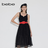 bebe春夏系列女士中長(cháng)款無(wú)袖修身氣質(zhì)蕾絲針織連衣裙150004 黑色 S
