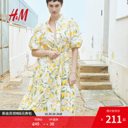 H&M女裝連衣裙25秋新款收腰中式立領燈籠喇叭植物印花長裙1275645 白色/檸檬 XXS 150/76
