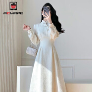AEMAPE中式改良旗袍加絨連衣裙女2025春秋冬新款新國風(fēng)打底裙子女裝 MX-A249_米白色常規 S