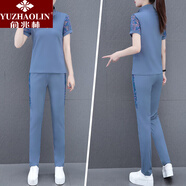 俞兆林（YUZHAOLIN）中老年媽媽時尚洋氣短袖冰絲T恤運動服女夏裝中年韓版兩件套裝薄 霧藍(lán) M [建議80-95斤]