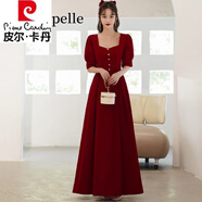 皮爾卡丹（pierre cardin）旗袍女敬酒服新娘結(jié)婚訂婚回門紅色晚禮服大合唱演出服裝朗誦服裝 酒紅色 S