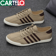 卡帝樂(lè )鱷魚(yú)（CARTELO）布鞋春秋新品低幫透氣一腳蹬免系帶懶人百搭軟底休閑板鞋小白鞋男 卡其 22159細紋光滑布 20 按平時(shí)運動(dòng)鞋碼選，腳瘦選小一碼