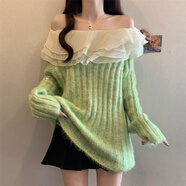 SMVP獨特雪紡拼接一字肩針織衫秋季2025新款大碼女裝胖mm長(cháng)袖毛衣 綠色上衣-版【別致甜辣很仙的上衣設計感女小眾正肩女 L 【100-120斤】