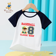 Classic Teddy兒童短袖t恤男女童夏季圓領(lǐng)上衣中小童裝半袖衣服夏裝 28熊同色插肩深藍(lán) 140