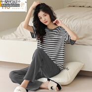 莫代爾睡衣女夏短袖長褲純棉薄款條紋卡通學(xué)生兩件套裝家居服 LX-467#灰 L