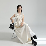 日系設計師款氣質(zhì)V領(lǐng)荷葉邊花苞襯衫連衣裙無(wú)袖背心云朵蓬蓬裙 杏色（不含項鏈 均碼