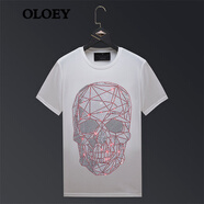 OLOEY 香港潮牌骷髏頭燙鉆短袖t恤男夏季新款潮流半袖修身大碼冰絲T恤 05白 4XL