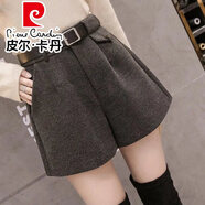 皮爾卡丹（pierre cardin）毛呢闊腿短褲女2025秋冬新款高腰加厚短褲女外穿修身褲子女顯瘦 深 灰 色 (有腰帶) 3XL 建議135-145斤