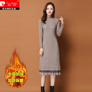 皮爾卡丹加絨加厚款配外套長(zhǎng)款過(guò)膝針織連衣裙女秋冬百搭半高領(lǐng)打底毛衣裙 加絨加厚蕾絲A版型：  麥灰色 M 建議80-95斤