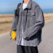 帛米圖（BOMITU）復古牛仔外套男韓版潮流痞帥衣服炸街美式工裝夾克春秋原宿風(fēng)外衣 黑灰N138 2XL