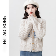 妃奧絨復古圓領毛衣女秋冬2024新款慵懶風加厚外套麻花針織開衫短款上衣 杏色 S