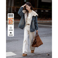 德瑪納時(shí)髦復古大翻領(lǐng)外套冬款牛仔復合仿羊羔絨牛仔外套女 深牛仔藍 S 