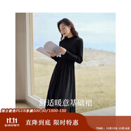 茵曼法式燈芯絨連衣裙秋冬女裝高領(lǐng)長袖A擺針織中長裙子 午夜黑- L