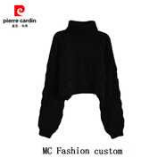 皮爾卡丹（pierre cardin）品牌折扣高領(lǐng)套頭短款麻花毛衣女秋冬新款慵懶風(fēng)寬松加厚針織外穿 黑色 L 115-125斤