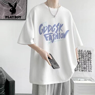 花花公子（PLAYBOY）短袖T恤男裝2024夏季冰絲套裝男生痞帥氣薄款長(cháng)褲青少年兩件套潮 字母白 【單件】 L 身高168左右/體重110斤左右