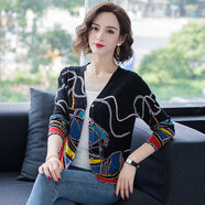 芬妮爵倫 FENIJUELN女士毛衣春秋款2024高端時(shí)尚品牌韓版時(shí)尚個(gè)性圖案毛衣外套女2024 黑色 S 80-95斤]