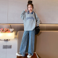 童話(huà)課堂女童套裝牛仔春秋新款洋氣時(shí)髦兒童春裝中大童運動(dòng)休閑網(wǎng)紅兩件套 圖片色 120碼建議身高105-115厘米左右