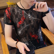 金盾夏季冰絲短袖t恤男新款大碼透氣鏤空半袖T恤圓領(lǐng)網(wǎng)眼透明上衣汗衫 紅小鳥(niǎo) XL