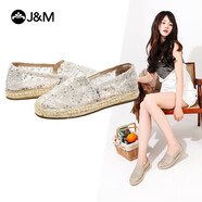 快樂瑪麗（J&M）漁夫鞋女士夏季休閑鏤空透氣平底懶人一腳蹬單鞋女 銀色 39 