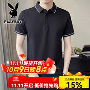 花花公子（PLAYBOY）夏季翻領(lǐng)短袖T恤男純色棉質(zhì)Polo衫寬松大碼休閑體恤 黑色 S 建議80-95斤