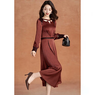 可蓓兒紅色新款長(cháng)袖春夏女高級肌理感婚宴裝小個(gè)子顯瘦禮服裙 M