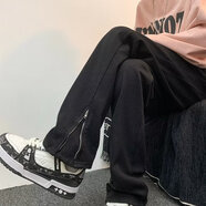 POUM彎刀微喇牛仔褲男裝美式高街痞帥拉鏈排扣秋季vibe直筒長褲子男士 DFFS-745黑色  常規(guī) M 【90-105斤】