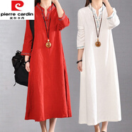 皮爾卡丹（pierre cardin）意大利尾單女V領(lǐng)盤(pán)扣亞麻刺繡袍子棉麻連衣裙春 500件起價(jià) M 建議85-110斤