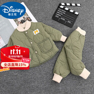 迪士尼寶寶兒童秋冬羽絨棉服套裝男女寶寶棉衣棉褲休閑套裝家居服戶外兩件套 棉套裝綠色 130 *110-120厘米。不可開檔