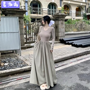 麥潮尚秋冬氣質(zhì)連衣裙冷淡系感裙子氣質(zhì)修身長(zhǎng)裙收腰拖地大擺長(zhǎng)款長(zhǎng)袖早 連衣裙卡其 S