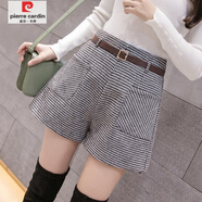 皮爾卡丹（pierre cardin）毛呢格子褲子女秋冬季新款高腰短褲外穿顯瘦百搭靴褲加厚潮 黑色格(送腰帶) 2XL 建議130-140斤