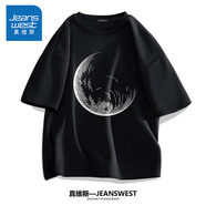 真維斯（Jeanswest）半袖男夏季大碼男士衣服男生純棉休閑短袖體恤胖子寬松男裝白t恤 黑色(線描月亮) 2XL (建議160斤-180斤左右)