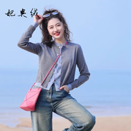 妃奧絨灰色假兩件圓領(lǐng)短款外套毛衣女針織開衫寬松春秋2024新款長袖上衣 灰色 XL