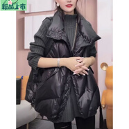 艾妃琳亮面馬甲女秋冬2025年新款韓版寬松大碼飄帶慵懶風(fēng)A字羽絨服坎肩 黑色(白鴨絨) M (85-115斤)